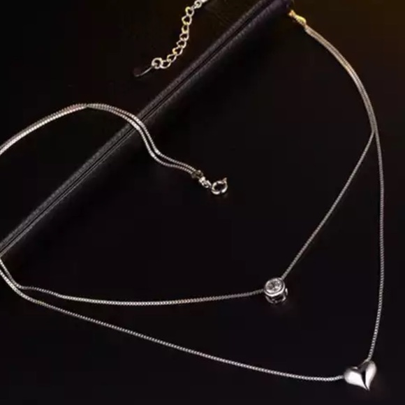 925 STERLING SILVER DIAMOND DOUBLE LAYER NECKLACE, NICE NECKLACE, CUTE NECKLACE - Picture 5 of 8